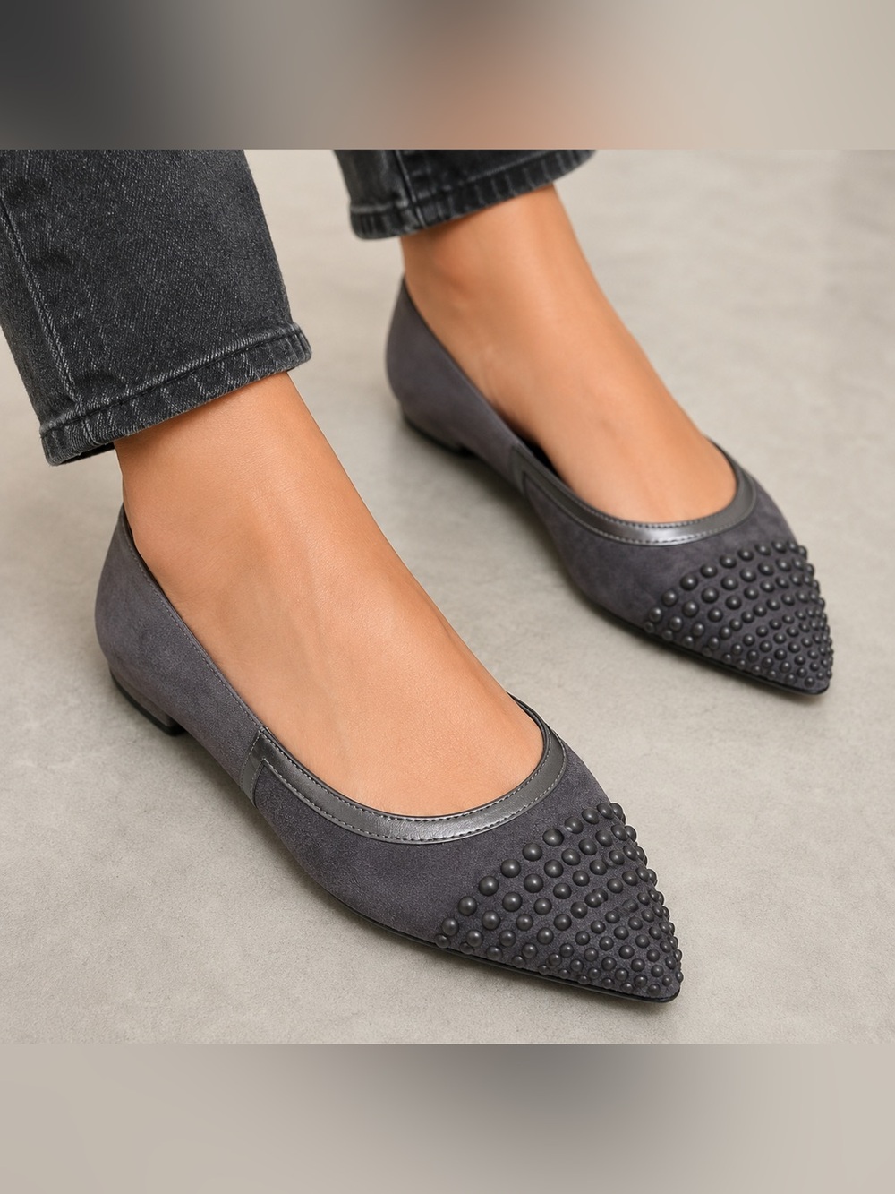 Stuart Weitzman Gray Studded Pointed-Toe Flats